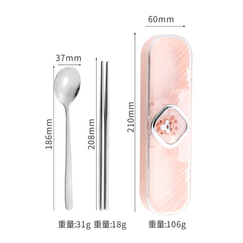 304Stainless Steel Tableware Student Cartoon Portable Tableware Set Work Outdoor Fork Spoon Chopsticks Three-piece Set