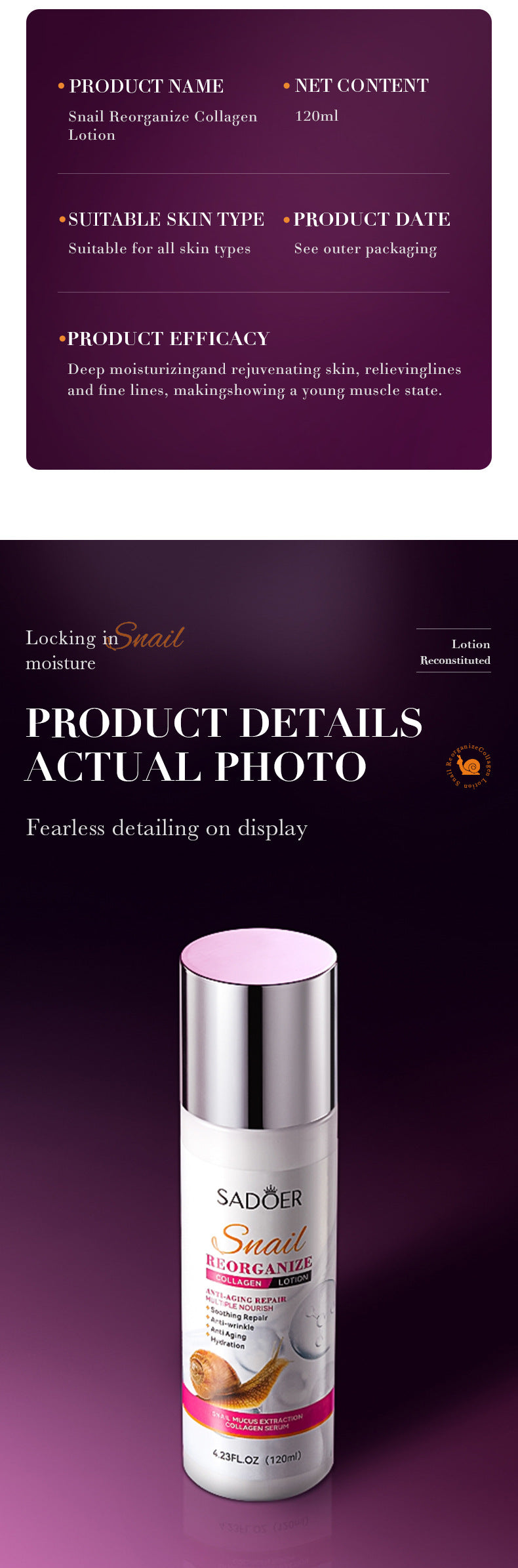 Snail Lotion120ml SADOER Collagen Moisturizing Body Lotion Cross-Border Wholesale