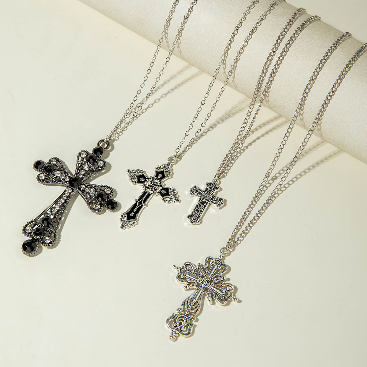 European and American Retro Hollow Diamond Cross Pendant Necklace Gothic Style Black Layered Wear Y Type Necklace