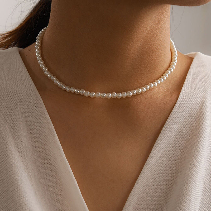 European and American Ornament  Simple Versatile Japanese and Korean Fresh Style Beaded Sugar Cube Round Bead Pearl Necklace Wholesale