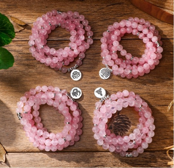 108Pink Quartz Bracelet Lotus Lucky Tree Pendant Labradorite Braided Bracelet Agate Tiger Eye Elastic Bracelet