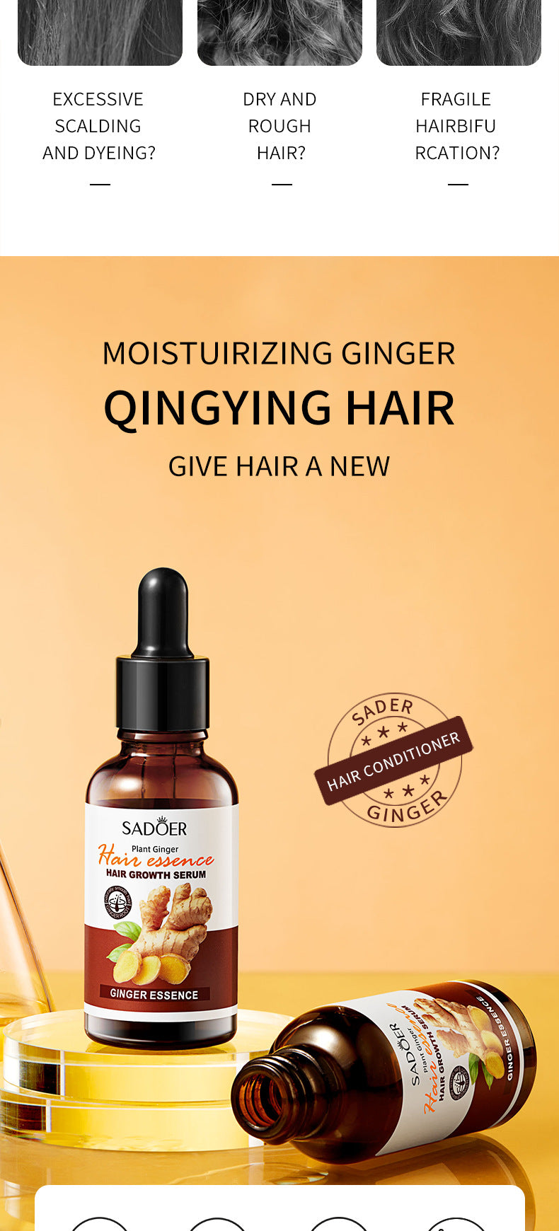 Ginger Hair Treatment Solution30ml SADOER Moisturizing and Hydrating Hair Care  Foreign Trade Live Wholesale
