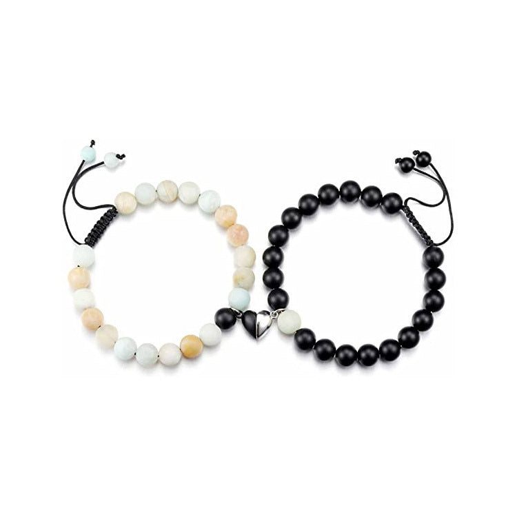 Heart-shaped Woven White Pine Matte Bracelet Natural Stone Beaded Couple Heart Magnetic Clasp Woven Bracelet