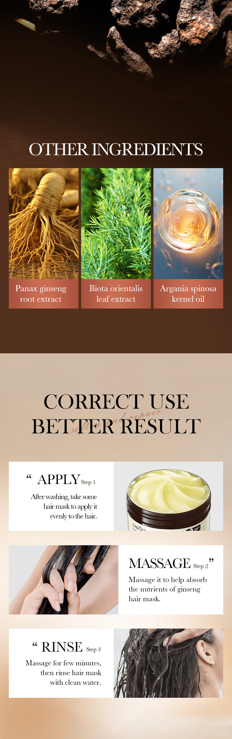 Ginseng and Polygonum Multiflorum Hair Mask SADOER Nourishing Anti-Breakage Smooth Voluminous Hair Mask  Wholesale