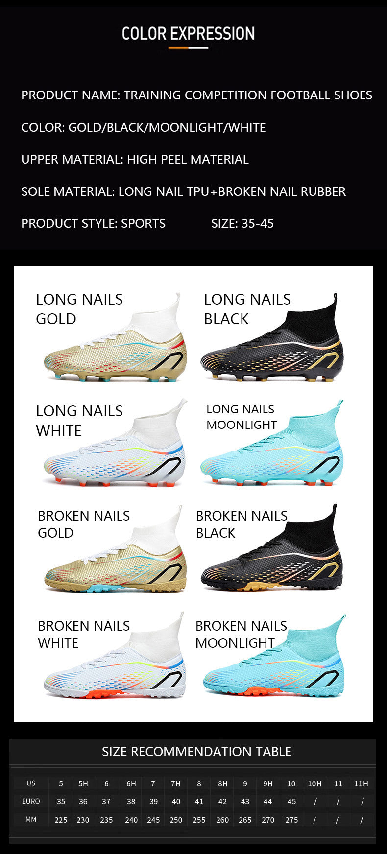 New football shoes for men and women AG Long Spike gold Competition Student Training Shoes Artificial Turf TF Wholesale of Broken Nails