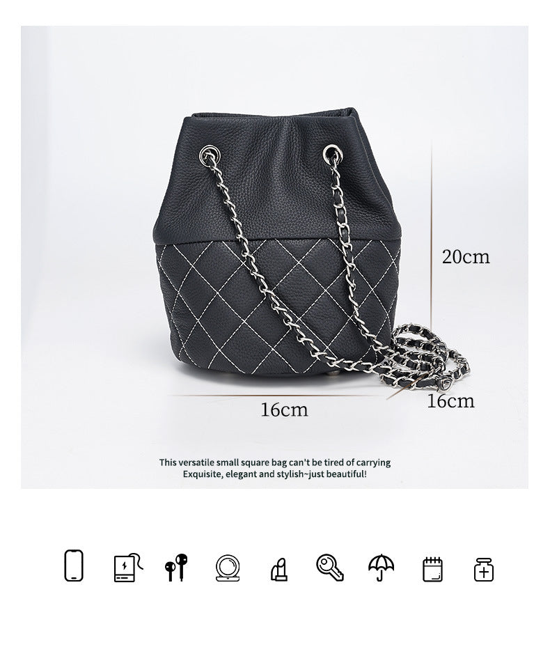 Classic Top Layer Leather Chanel Style Diamond Chain Shoulder Crossbody Women's Bag Fashion Versatile Handheld Bucket Bag for Women
