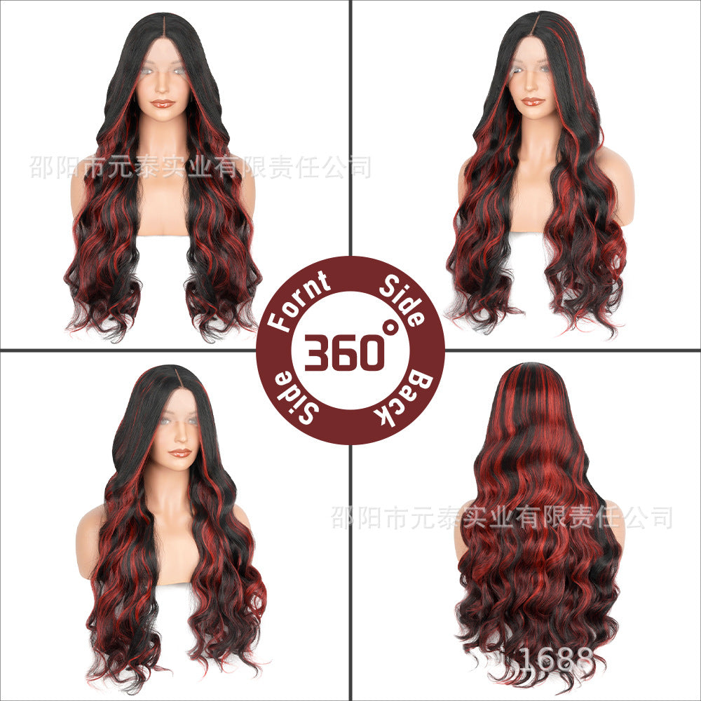 Wig for Women, Front Lace, Wavy Long Curly Hair, Red and Black Gradient Color, High-Temperature Fiber, Synthetic Hair Wig, European and American Cross-Border