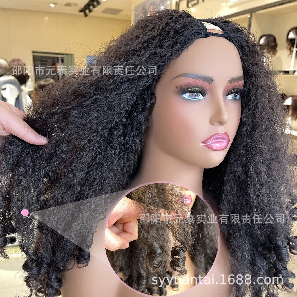 YAKI Straight Hair with Curly Ends Synthetic Wig V High-Temperature Fiber Wig with Hollow Top