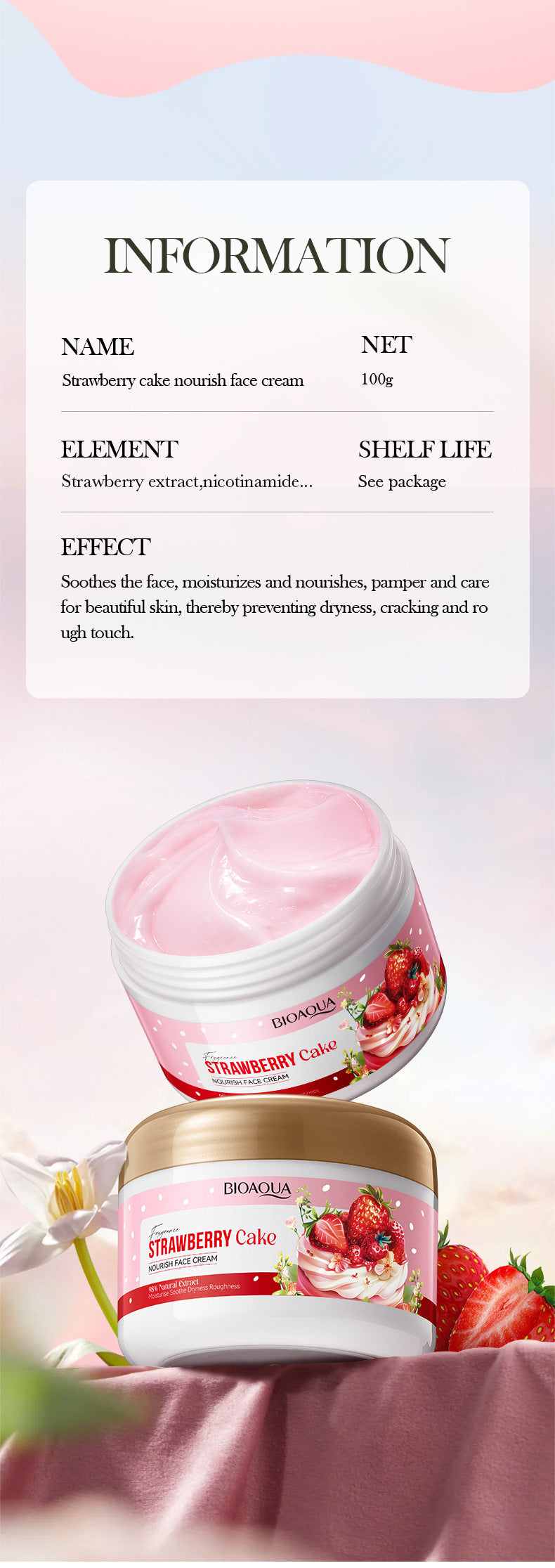 Strawberry Cake Nourishing Cream BIOAOUA Moisturizing skin moisturizing cream  foreign trade wholesale
