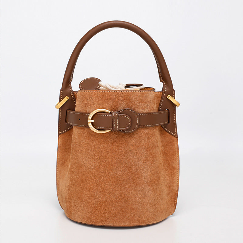 Frosted Leather Bucket Bag Genuine Leather Korean Style Versatile Niche Design Light Luxury Handbag Single Shoulder Crossbody Women's Bag Large Capacity