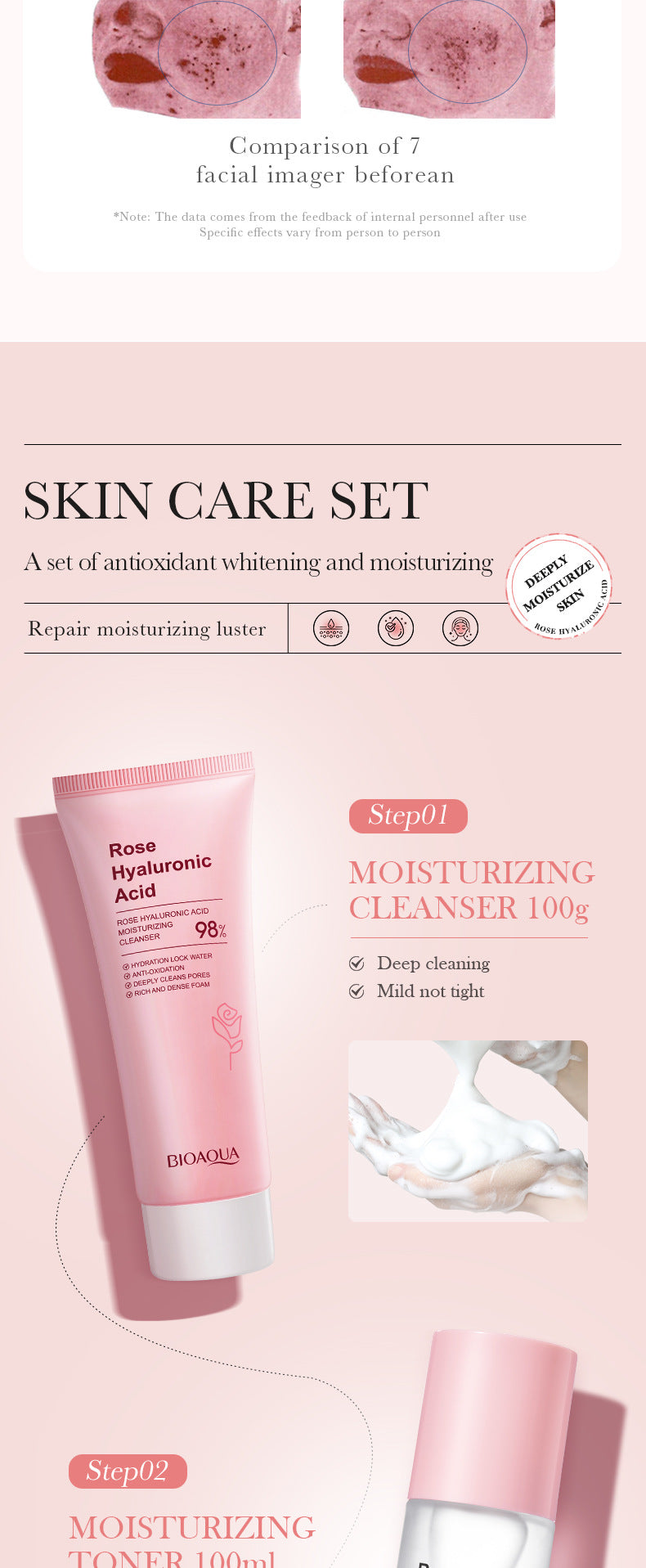 BIOAOUA Rose Hyaluronic Acid Moisturizing Six-piece Set Hydrating skin care product set  wholesale