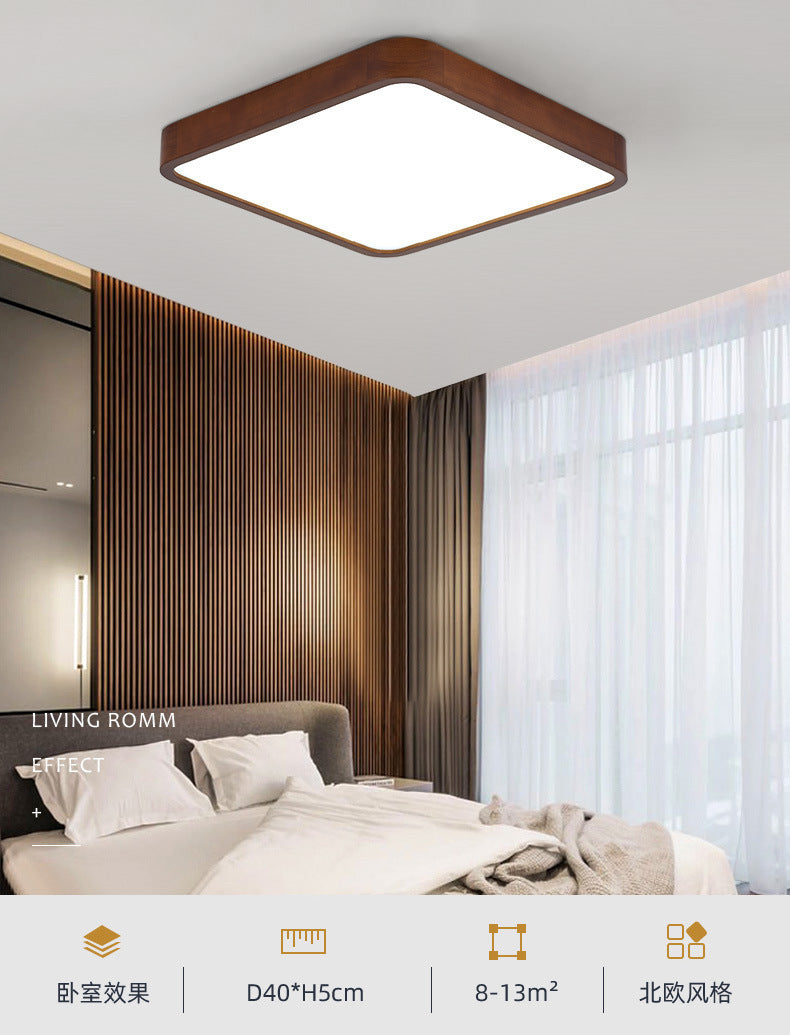 New Chinese Style Ceiling Light for Bedroom, Round Modern Simple Walnut Color Solid Wood Nordic Room LED Lamp
