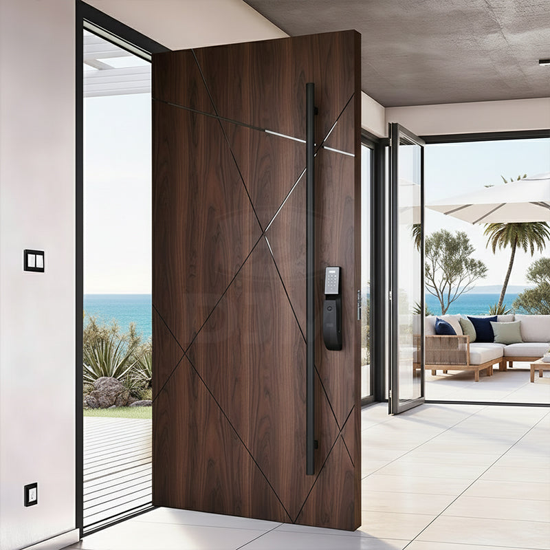 Villa Home Outdoor Timber Door for House Gong groove Line Carving Solid Wood Front Entry Pivot Door with Black Long Handle
