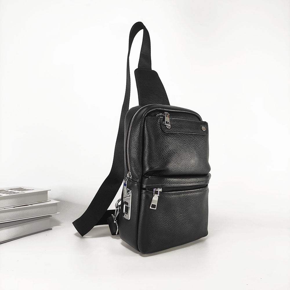 Fingerprint Unlock Men's Bag Genuine Leather Single Shoulder Crossbody Bag Top Layer Cowhide Casual Large Capacity High-end Chest Bag Anti-theft Bag