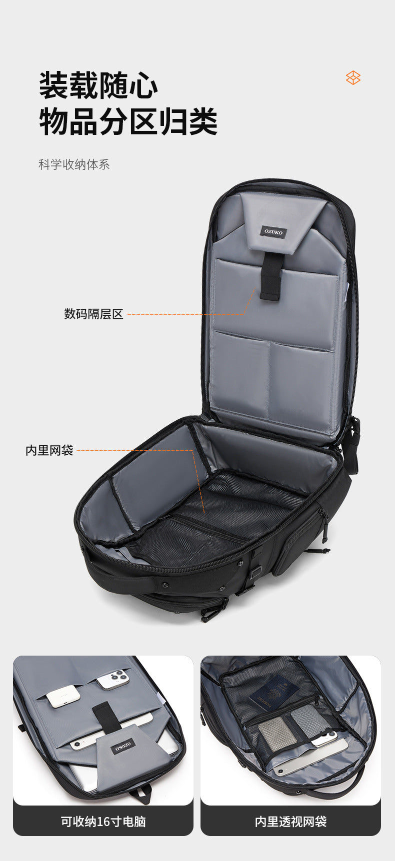 ozuko Business Backpack Men's Large Capacity Waterproof Computer Bag15.6Men's Commuter Backpack with High-End Feel