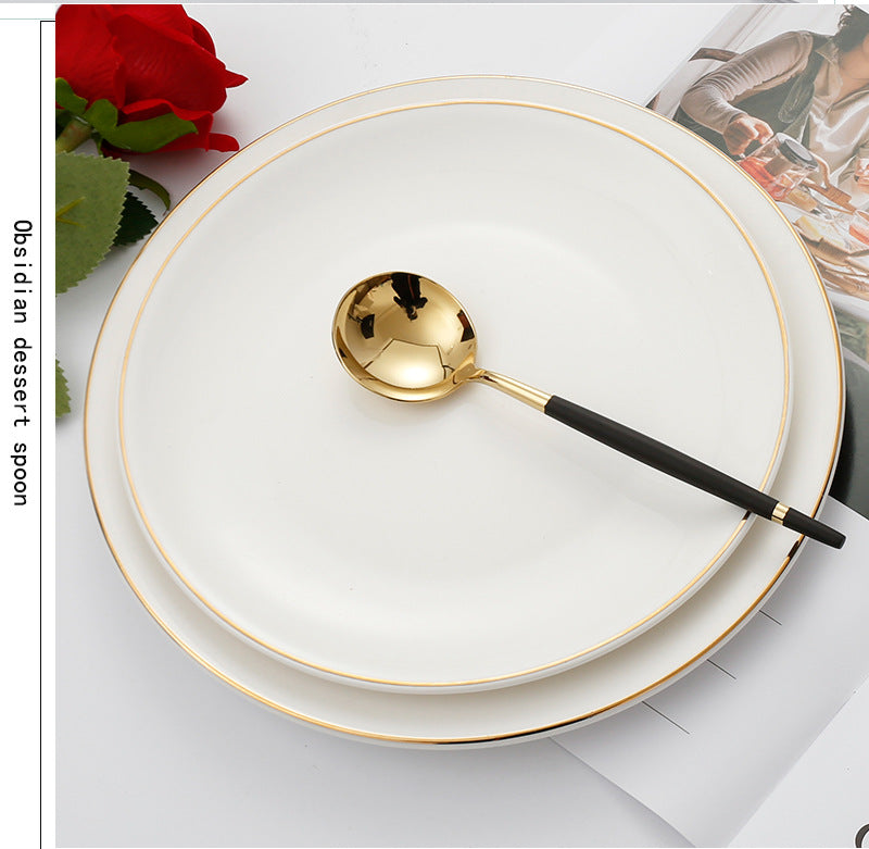 304Stainless Steel Portuguese Tableware Creative Lathe Craft Glossy Mirror Black Gold Round Spoon Dessert Spoon Fork