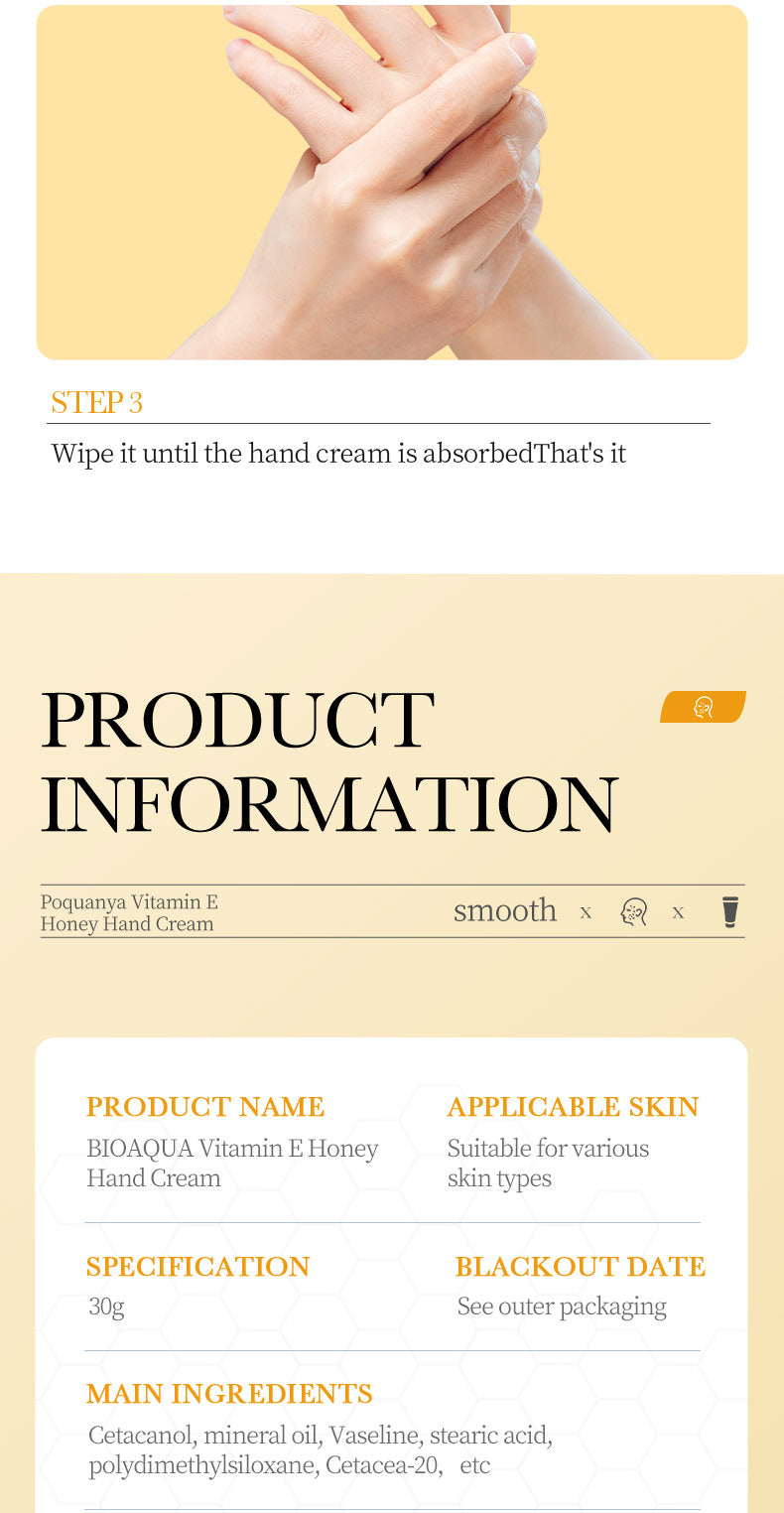 Vitamin E Hand cream30g BIOAOUA Honey hydrating moisturizing wholesale for  trade