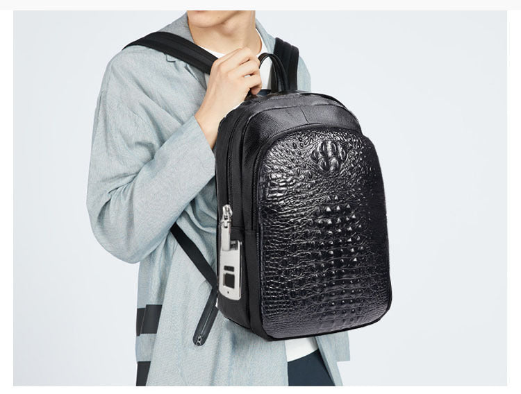 Fingerprint Unlock Men's Bag Genuine Leather Backpack Crocodile Top Layer Cowhide Business Travel Laptop Business Trip
