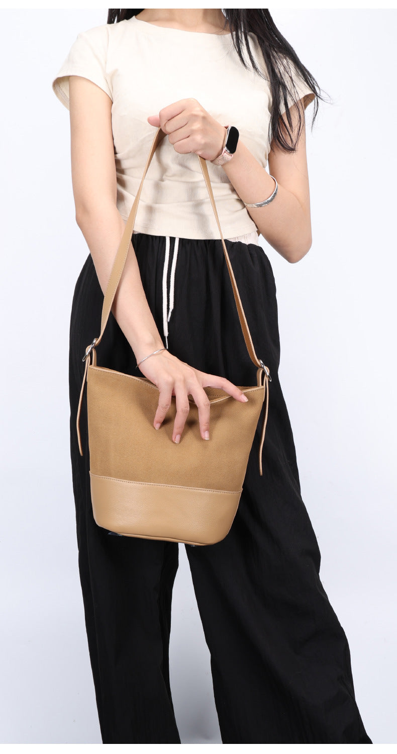 European and American Style Matte Single Shoulder Crossbody Bag for Women, Large Capacity Genuine Leather Fashion Versatile Color-Block Handbag Bucket Bag Underarm Bag for Women