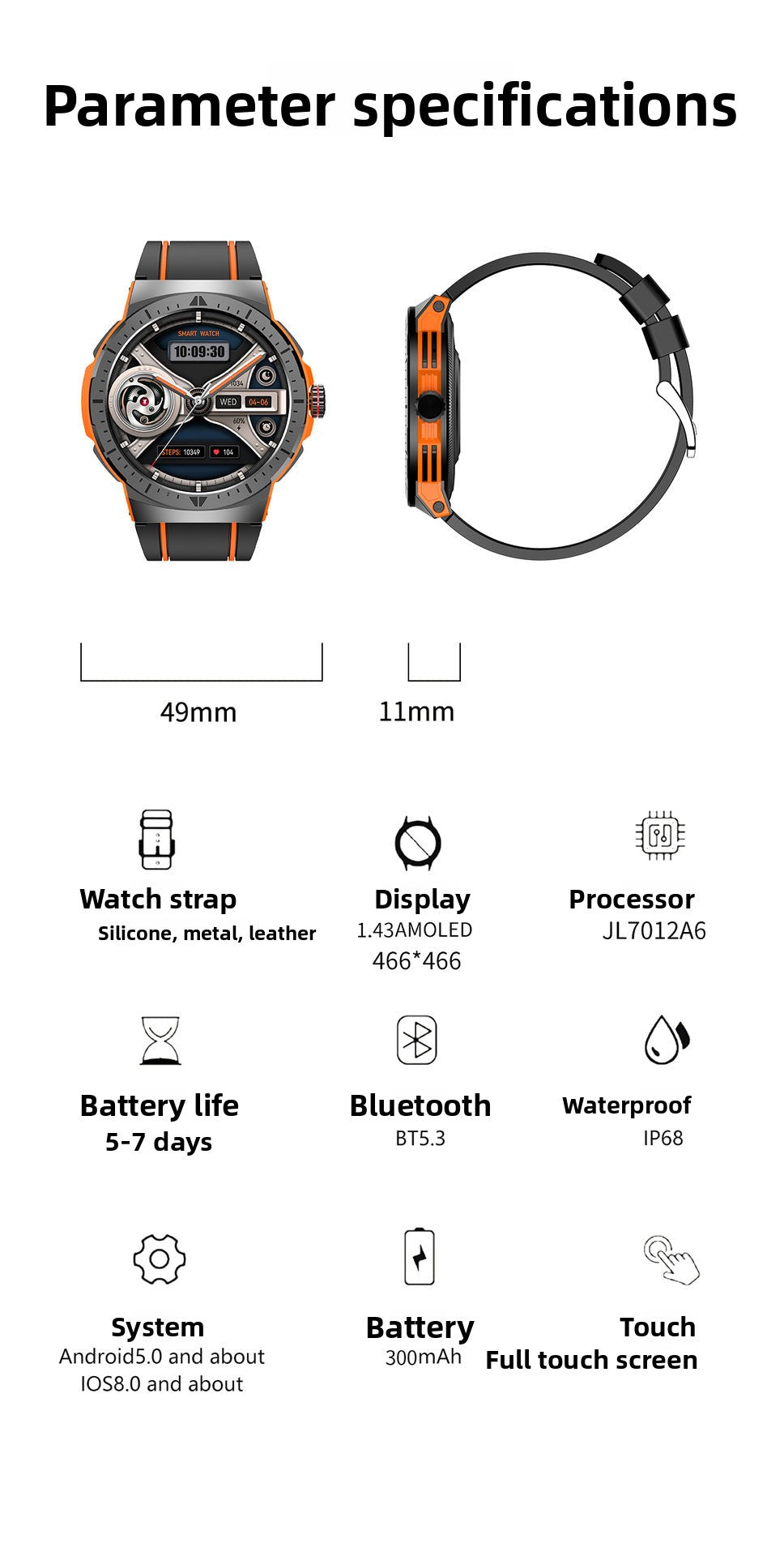HK52Watch Bluetooth Call Heart Rate Monitoring Exercise Blood Oxygen Blood Pressure AMOLED Multi-Dial Switch Hot Sale