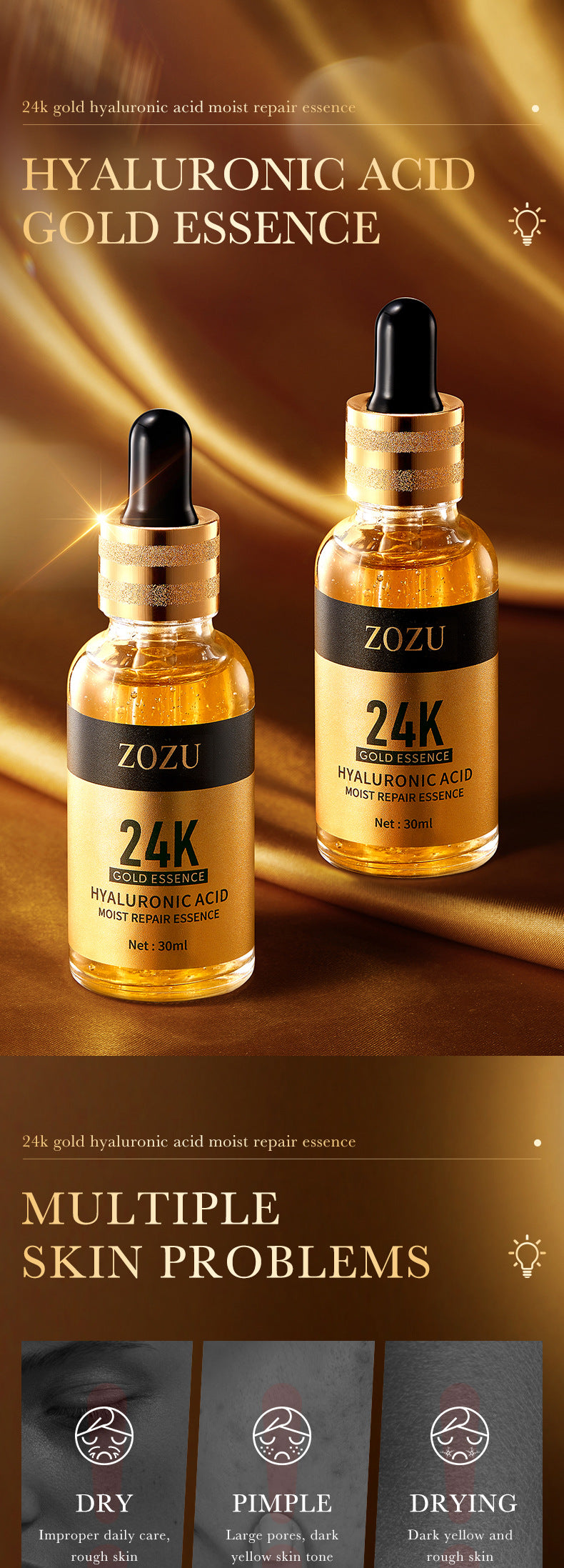 24K Gold Essence ZOZU Hyaluronic acid moisturizing and hydrating skincare wholesale for  trade