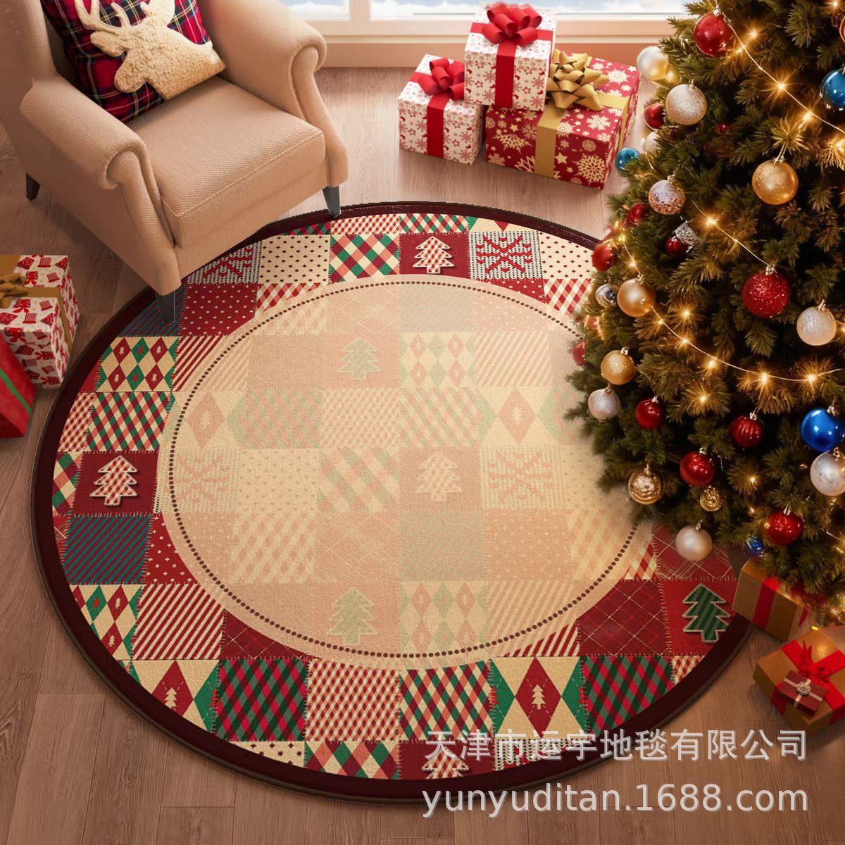 Christmas Carpet Round Living Room Crystal Velvet Floor Mat Christmas Decoration Atmosphere Mat Christmas Tree Floor Mat Customizable