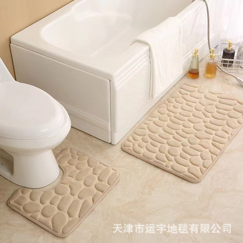 Embossed Pebble Coral Fleece Mat for Bathroom Toilet U Type bathroom absorbent foot mat small stones2Set