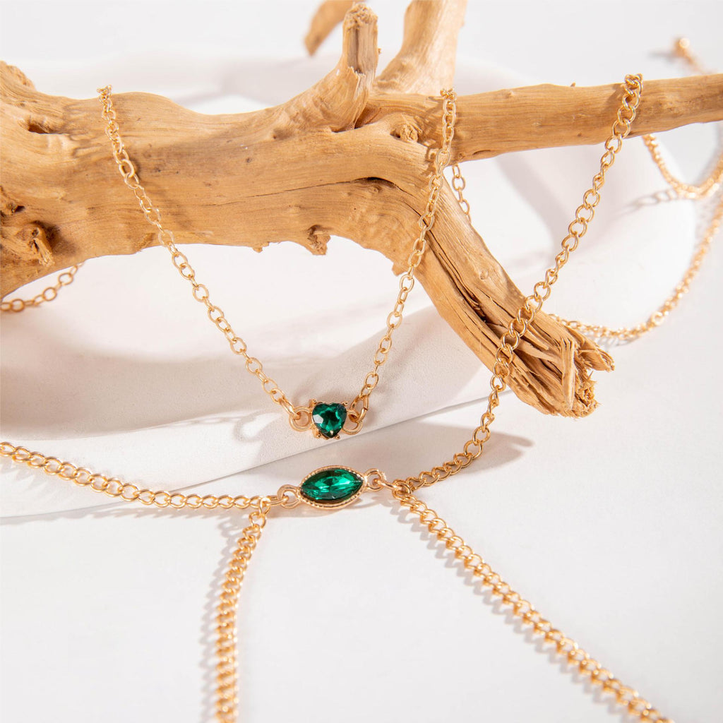Trendy Simple Men's Body Chain Necklace Fashion Imitation Emerald Heart Hollow Chest Chain with Diamonds