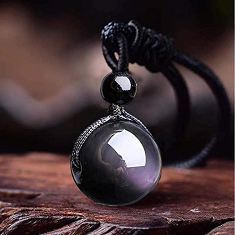 Natural Obsidian Necklace16mm Beaded Tiger Eye Stone Pendant Holiday Gift Couple Amethyst Necklace