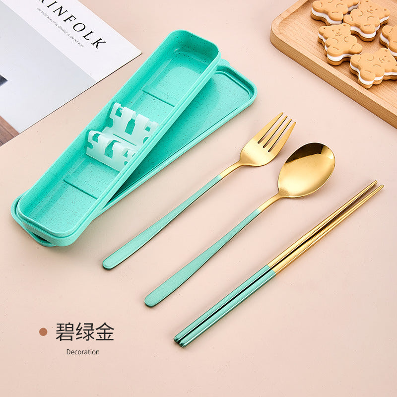 Stainless Steel Korean Portable Tableware Set Spoon Fork Chopsticks Three-Piece Set Student Travel Internet Celebrity Tableware
