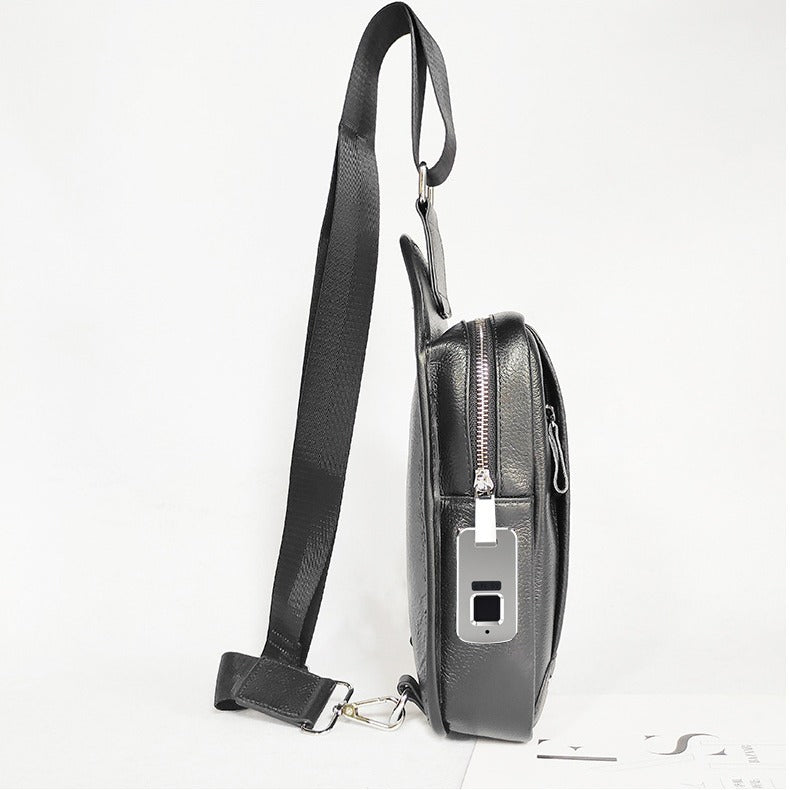 Niche Bag Fingerprint Unlock Men's Top Layer Cowhide Single Shoulder Crossbody Backpack High-End Chest Genuine Leather Chest Bag