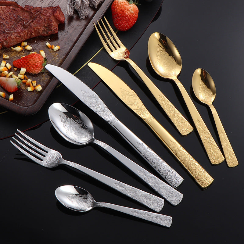 410Stainless Steel Tableware Hotel Retro Double Pattern Totem Western Cutlery Knife Fork Spoon Restaurant Hammered Steak Knife Fork