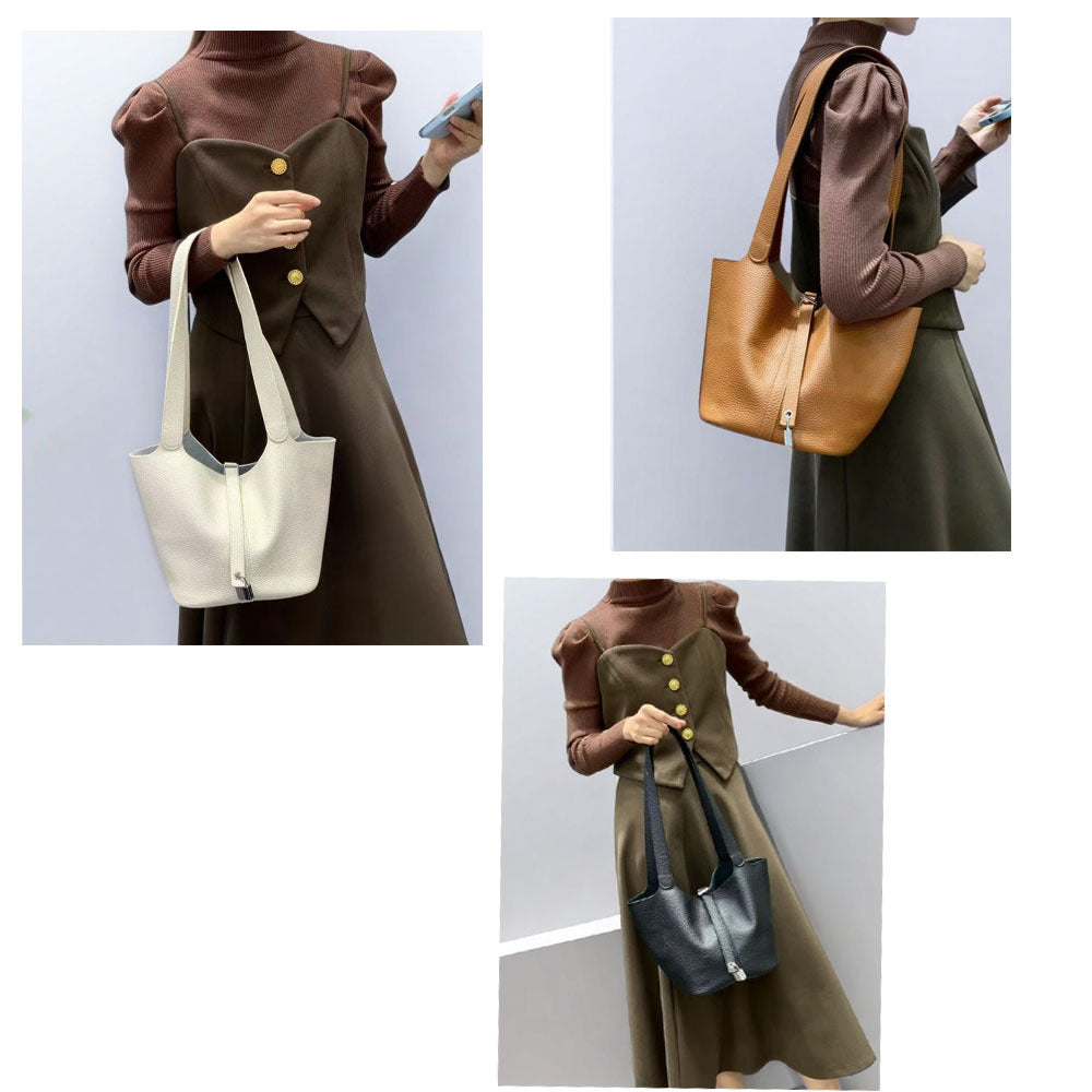 2025New Basket Bag for Women, High-End Niche Design, Large Capacity Bucket Bag, Top Layer Cowhide Handbag