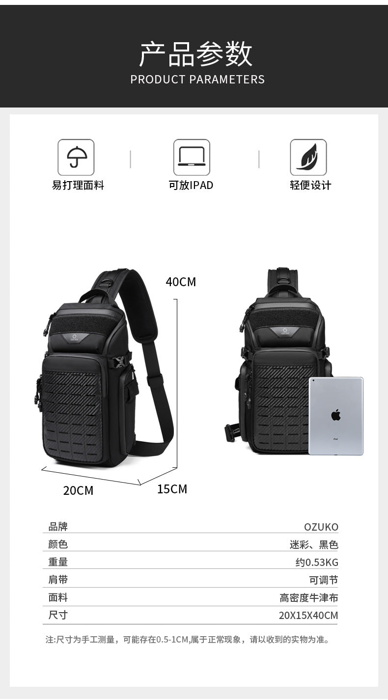 OZUKO Tactical Chest Bag Men's Crossbody Bag Waterproof Multifunctional Outdoor Portable Bag Cycling Trendy Shoulder Bag