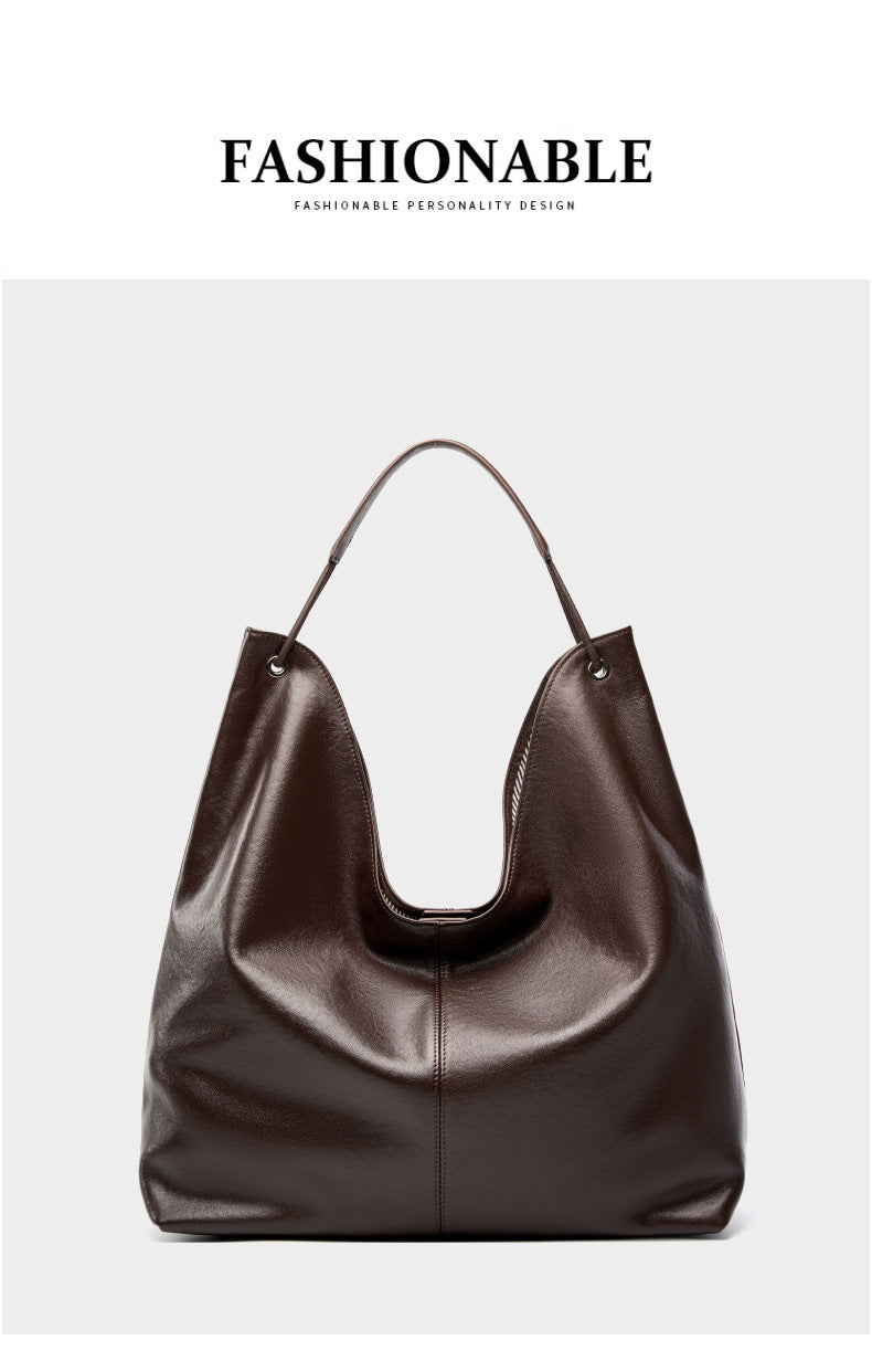 New Vegetable-Tanned Leather Trendy Large-Capacity Textured Tote Bag Versatile Shoulder Bag for Class and Commuting