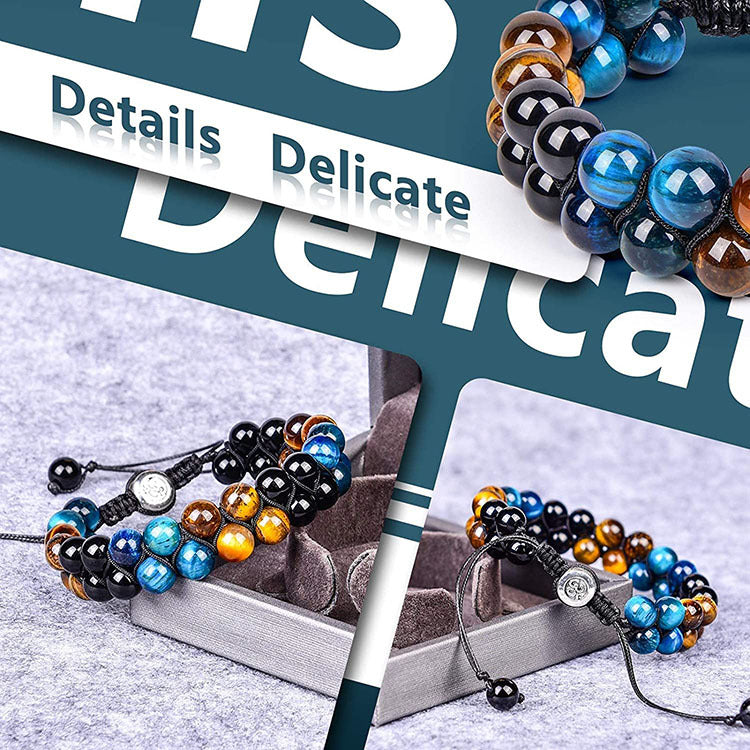 European and American Men8mm Double Layer Natural Stone Bracelet Adjustable Couple Bracelet Double Row Tiger Eye Braided Bracelet