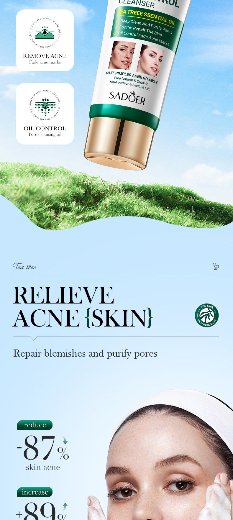 Tea Tree Facial Cleanser100gSADOER Deep Cleansing Moisturizing Refreshing Cleanser  Wholesale