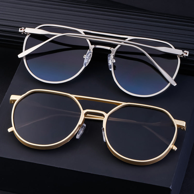 New Retro Oval Frame Glasses Metal Double Bridge Pilot Sunglasses Men's High-end Driving Sun Protection Sunglasses