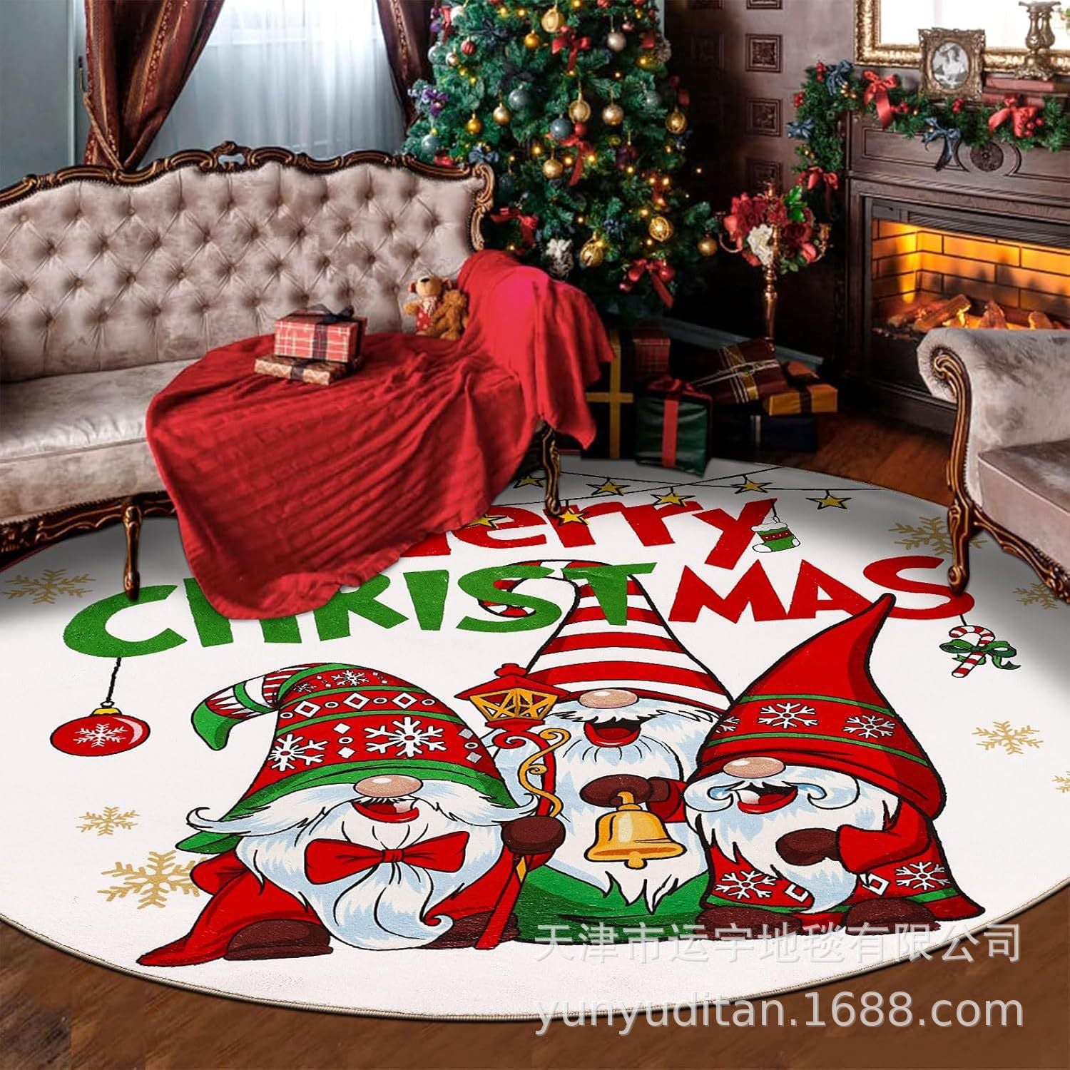 Christmas Carpet Round Living Room Crystal Velvet Floor Mat Christmas Decoration Atmosphere Mat Christmas Tree Floor Mat Customizable