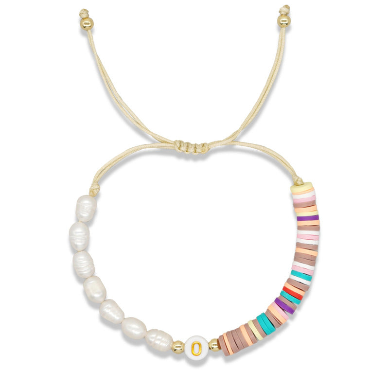 Imitation pearl26Letter Bracelet Bohemian Casual Vacation Bracelet Gold Beads Stretchable Soft Clay Woven Bracelet