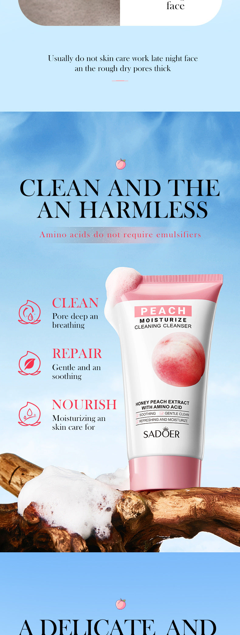 Facial Cleanser150g SADOER Green Tea Cleansing Peach Moisturizing Cleanser  Wholesale