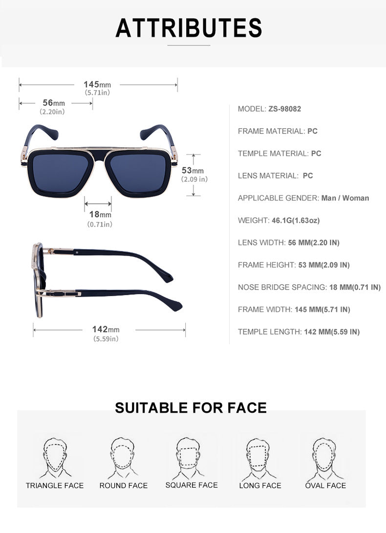 European and American Retro Square Frame Sunglasses for Men, Trendy European and American Punk Style, Internet Celebrity Same Style Sunglasses for Women ins Wind shades