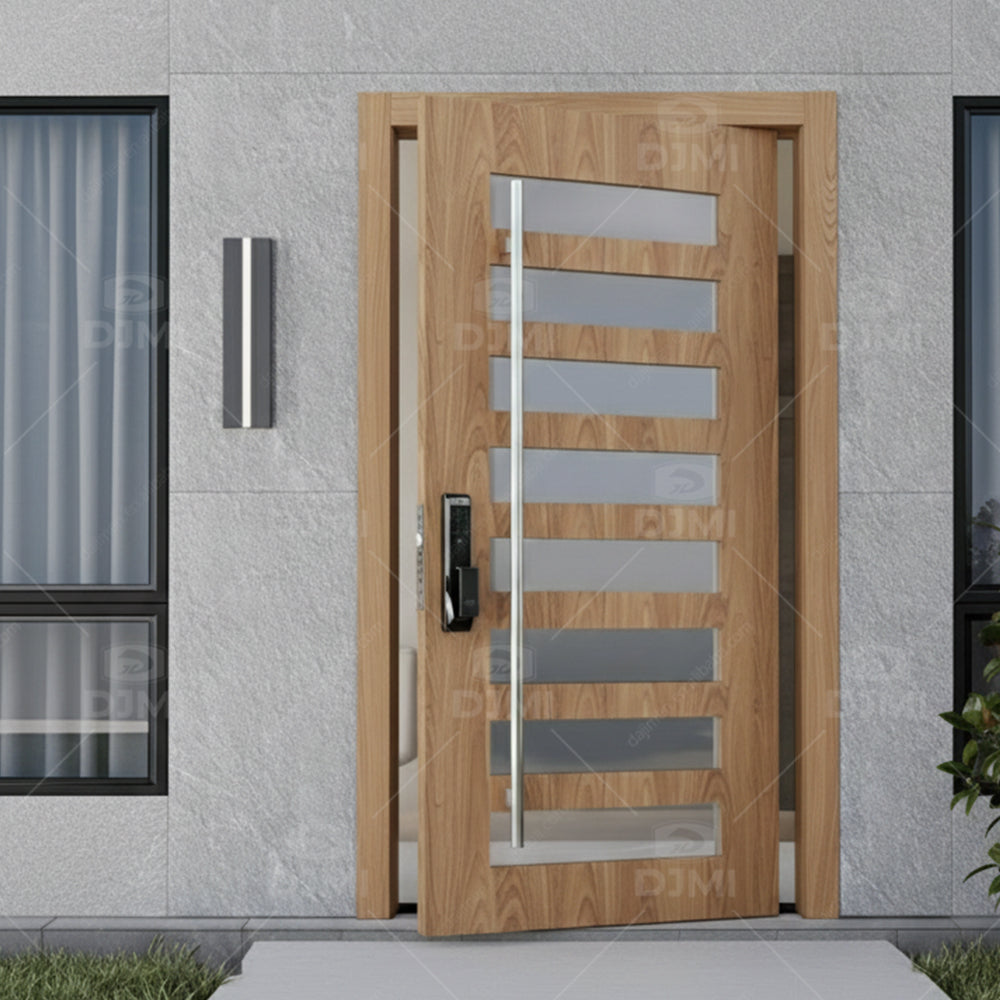 Natural Ash Solid Wood clear Lacquer 3D Irregular Surface Design Modern Front Entry Pivot Door with Long Handle and Smart Lock