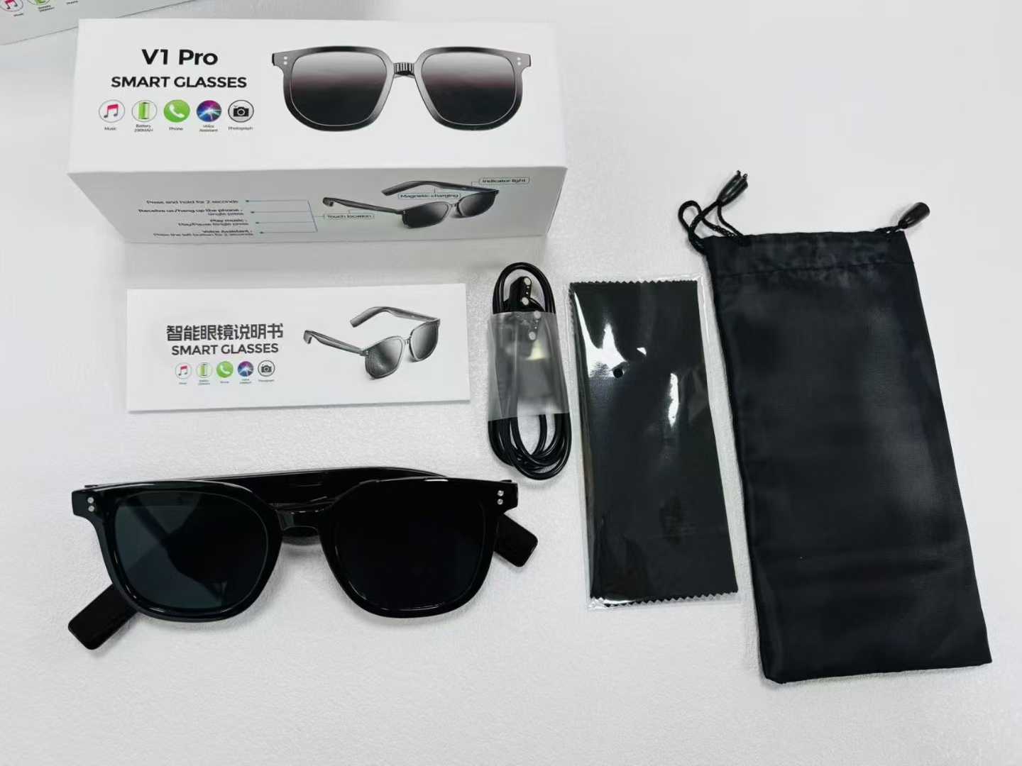 V1 Pro Smart Glasses Support Bluetooth Call Music Cut Song Voice Assistant Outdoor Sports Black Sunglasses