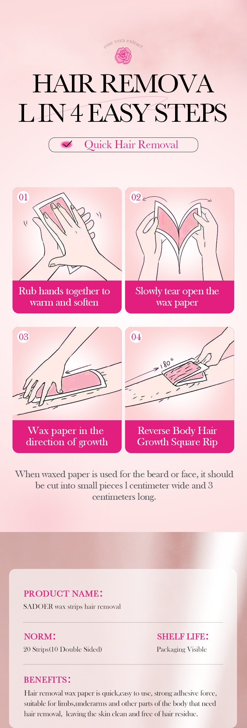 Aloe Vera Double-Sided Hair Removal Wax Paper SADOER Armpit Hair Leg Hair Body Hair Removal Hair Removal Cream  Wholesale