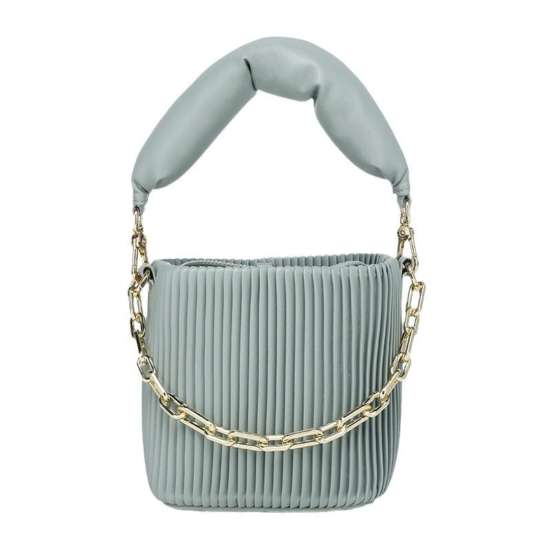 Unique Korean Design Pleated Bucket Bag for Women with Chain Handle, Versatile Fashionable Single Shoulder Crossbody Bag for Ladies