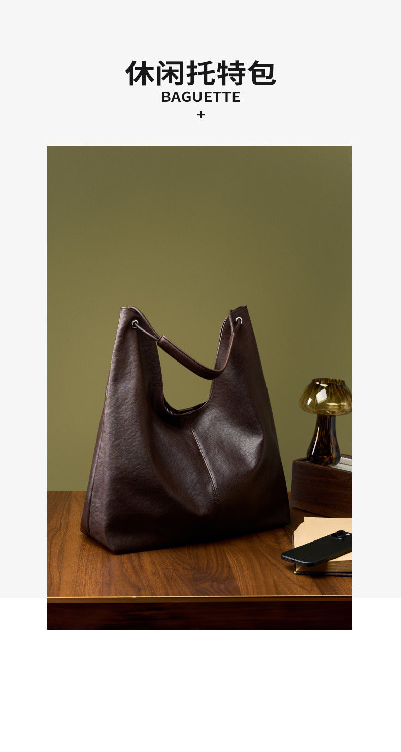 New Vegetable-Tanned Leather Trendy Large-Capacity Textured Tote Bag Versatile Shoulder Bag for Class and Commuting