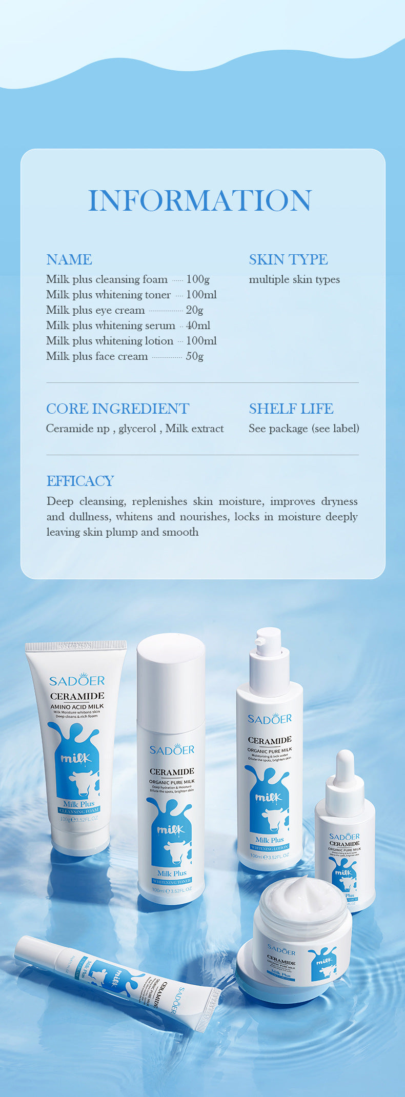 Milk Skin Care Set SADOER Ceramide Whitening and Moisturizing Six-piece Set Cross-border Foreign Trade Wholesale