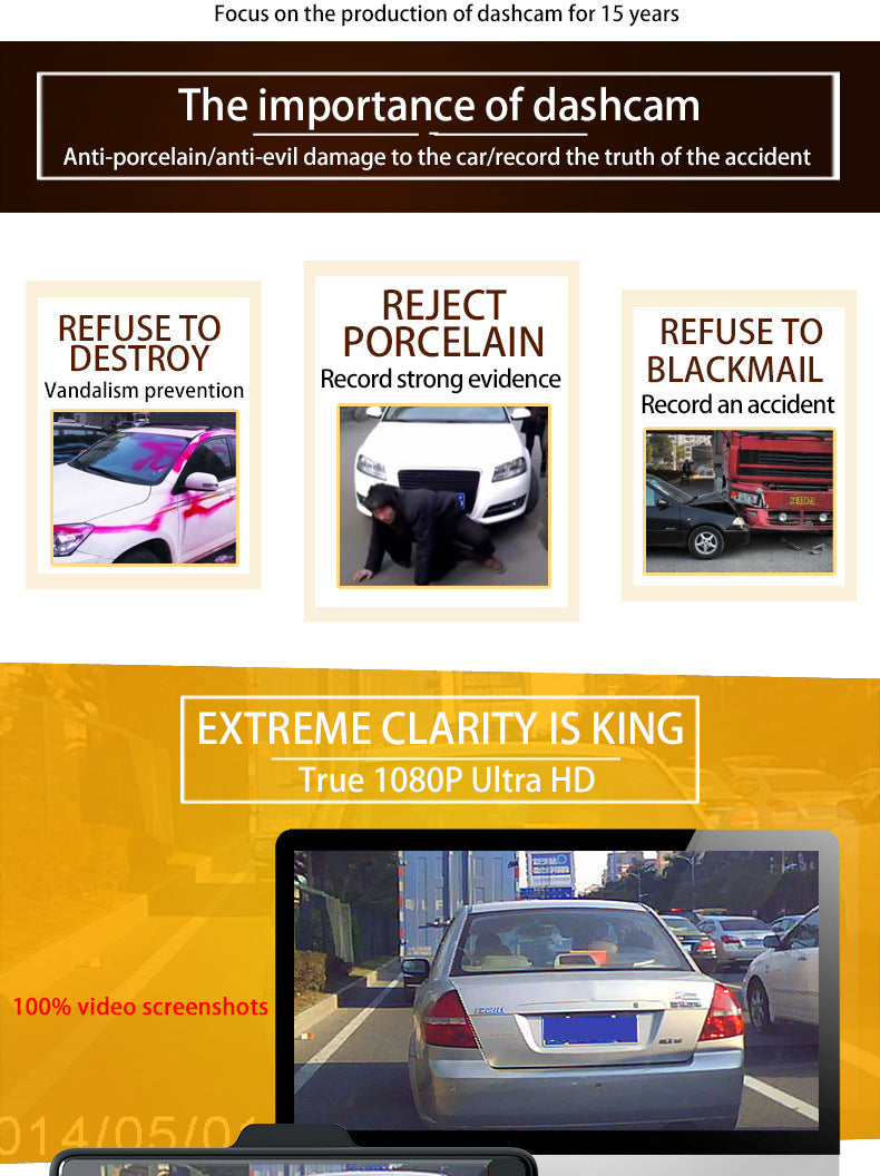 Car HD1080P Touch Screen4Dual Lens Front and Rear Dual Recording Dash Cam with Rear View Camera