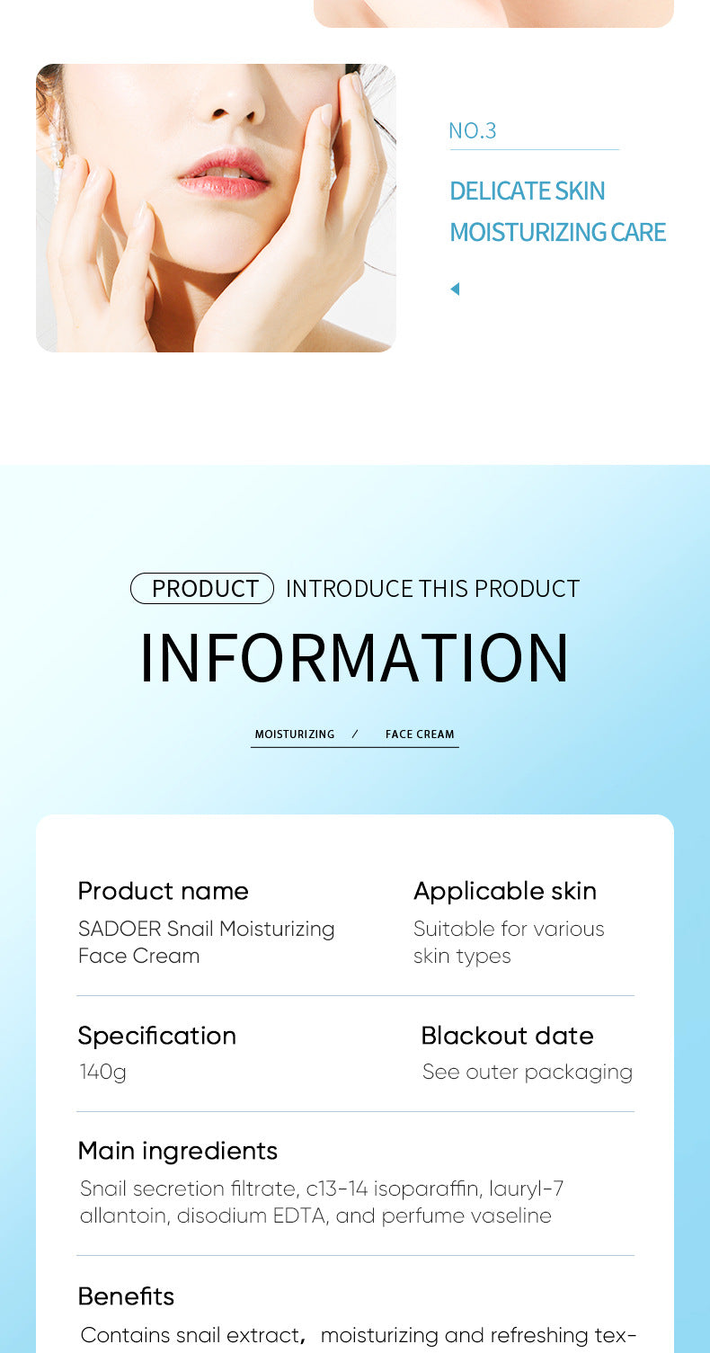 Snail Cream140g SADOER Hydrating Moisturizing and Nourishing Skin Rejuvenation Cross-Border Foreign Trade Live Wholesale
